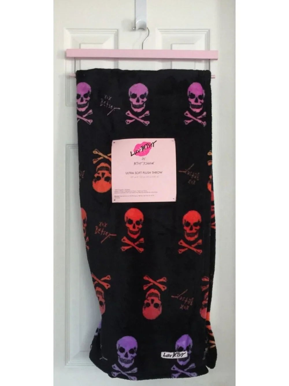 Betsey Johnson Neon Skull & Crossbones Black Plush Throw 50